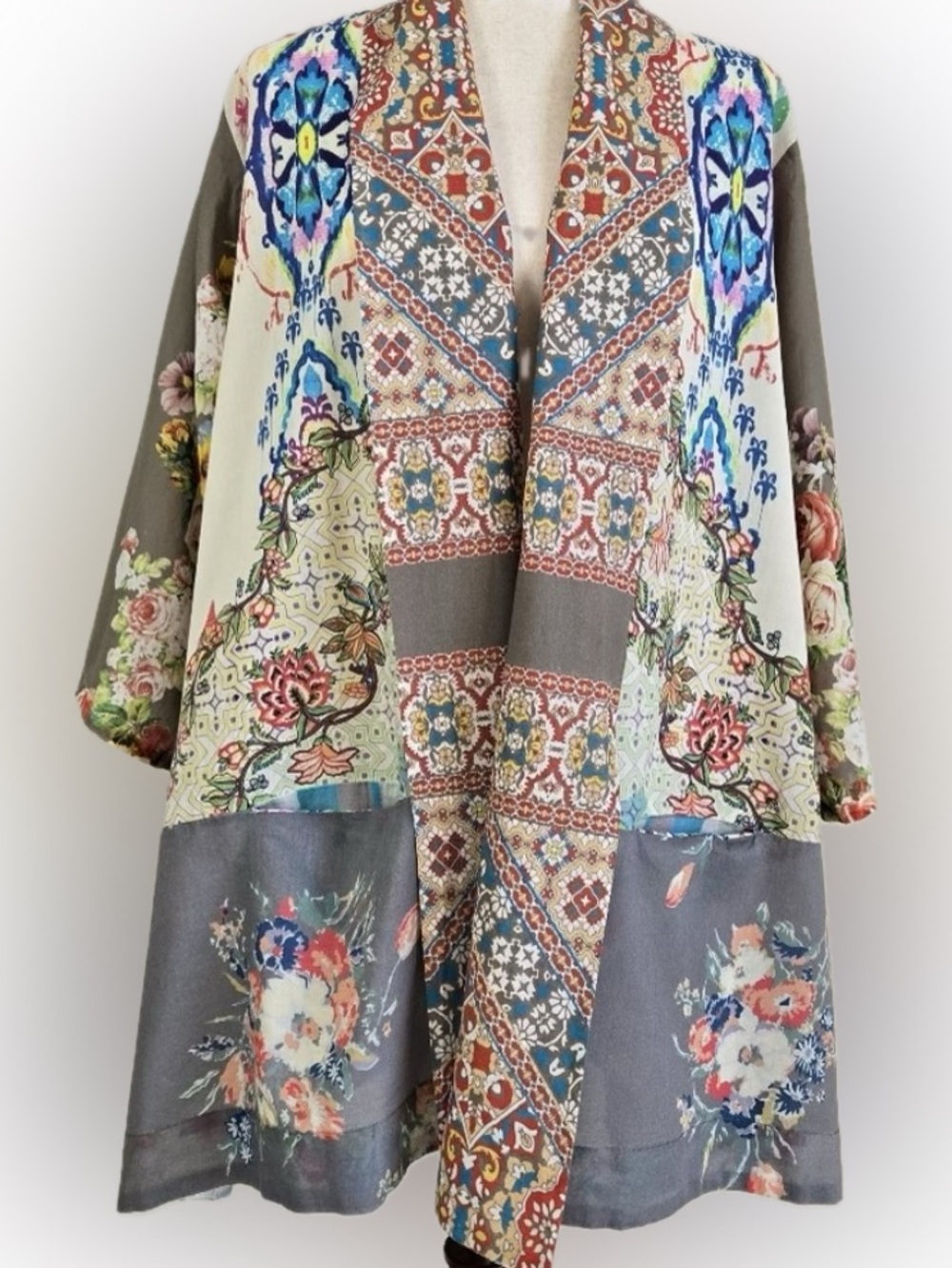 Johnny Was Multicolor Floral Patchwork Silk Kimono
